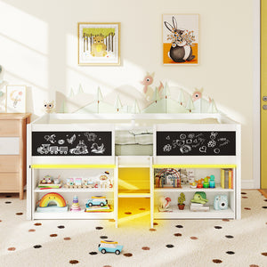 Low Loft Bed with LED Lights Kid's Cabin Bed with Bookcases