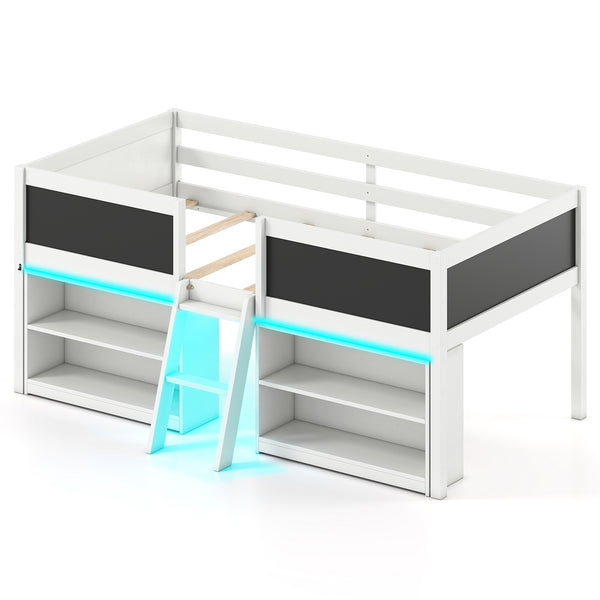 Low Loft Bed with LED Lights Kid's Cabin Bed with Bookcases