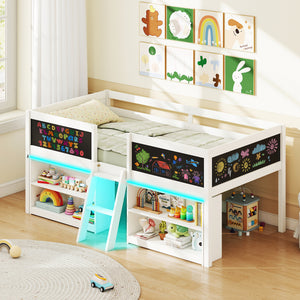Low Loft Bed with LED Lights Kid's Cabin Bed with Bookcases