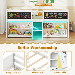 Low Loft Bed with LED Lights Kid's Cabin Bed with Bookcases