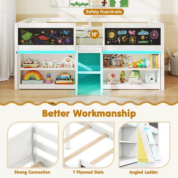 Low Loft Bed with LED Lights Kid's Cabin Bed with Bookcases