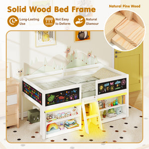 Low Loft Bed with LED Lights Kid's Cabin Bed with Bookcases