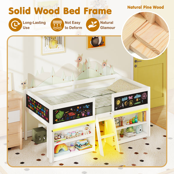 Low Loft Bed with LED Lights Kid's Cabin Bed with Bookcases