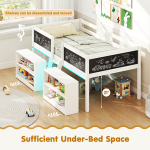 Low Loft Bed with LED Lights Kid's Cabin Bed with Bookcases