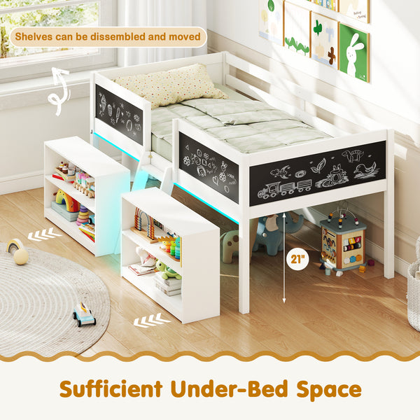 Low Loft Bed with LED Lights Kid's Cabin Bed with Bookcases