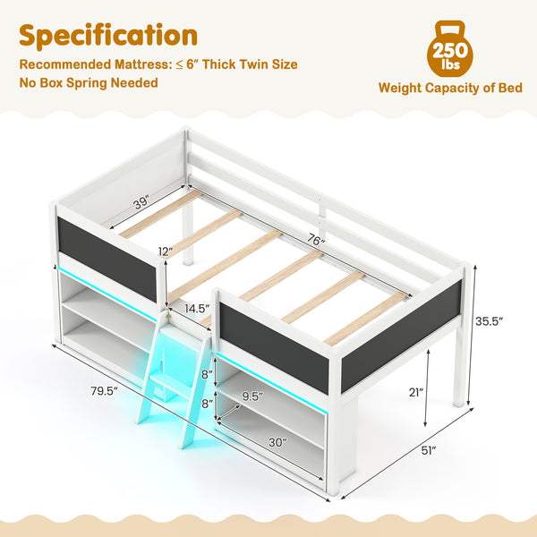 Low Loft Bed with LED Lights Kid's Cabin Bed with Bookcases