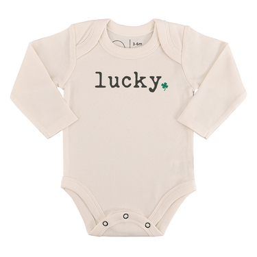 Long sleeve graphic bodysuit for babies featuring a lucky design, perfect for comfort and style.