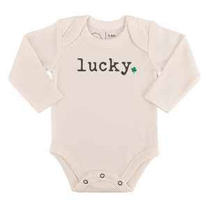 Long sleeve graphic bodysuit for babies featuring a lucky design, perfect for comfort and style.