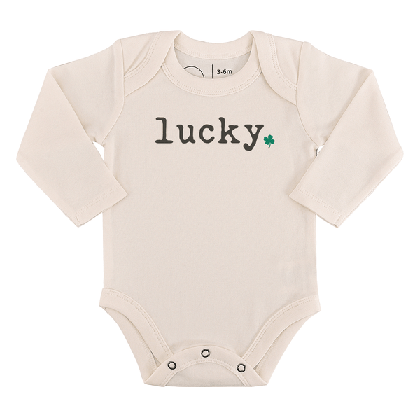 Long sleeve graphic bodysuit for babies featuring a lucky design, perfect for comfort and style.
