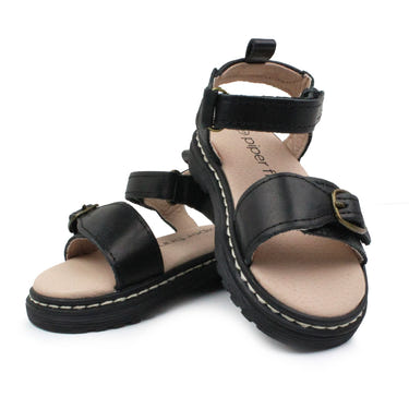 Black lug sole sandals for babies, featuring a stylish design and comfortable fit. Perfect for summer outings.