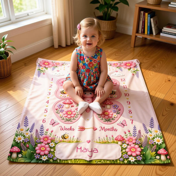 Personalized Baby Weekly & Monthly Milestone Blanket – Photoshoot Prop with Butterfly Garden Design