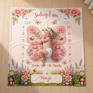 Personalized Baby Weekly & Monthly Milestone Blanket – Photoshoot Prop with Butterfly Garden Design