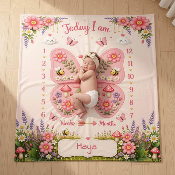 Personalized Baby Weekly & Monthly Milestone Blanket – Photoshoot Prop with Butterfly Garden Design