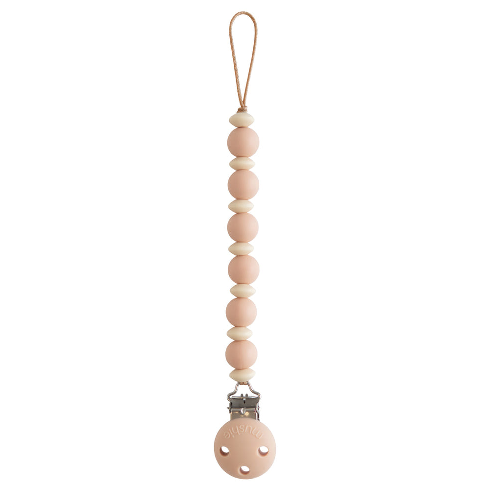 Silicone Pacifier Clip Luna in soft colors, perfect for keeping pacifiers clean and accessible for babies.