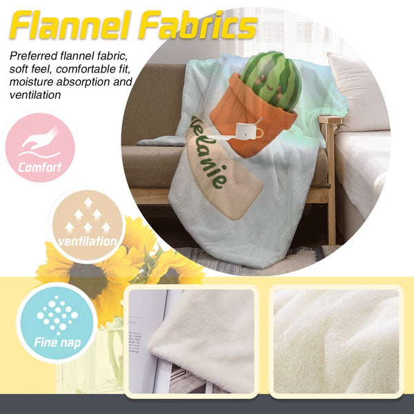 Personalized Kawaii Watermelon Blanket | Custom Name | Cute Potted Fruit Mint Blue Fleece Throw Gift