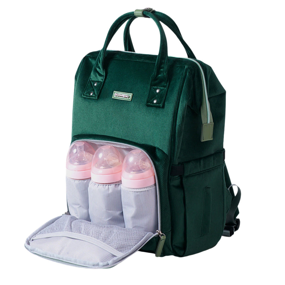 Stylish corduroy diaper backpack for parents, combining fashion and functionality for on-the-go baby care.