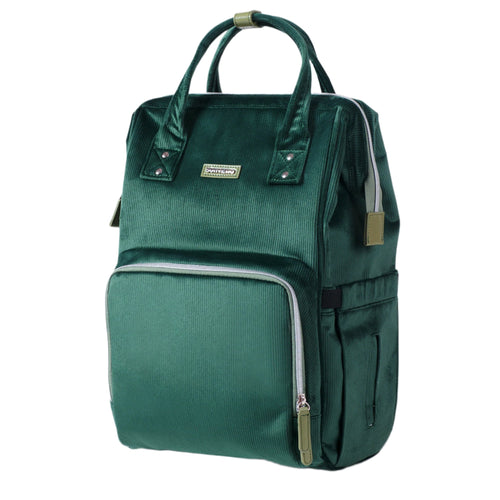 Corduroy diaper backpack at a 39-degree angle, stylish and functional for parents on the go.