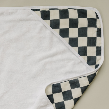 Charcoal checkered muslin hooded towel for babies, soft and stylish for bath time.
