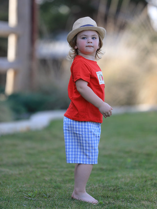 Boys Back to School Pencil Apple Applique Plaid Shorts Set
