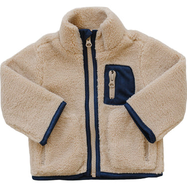 Cozy Sherpa zip-up jacket for babies, perfect for warmth and comfort in chilly weather.