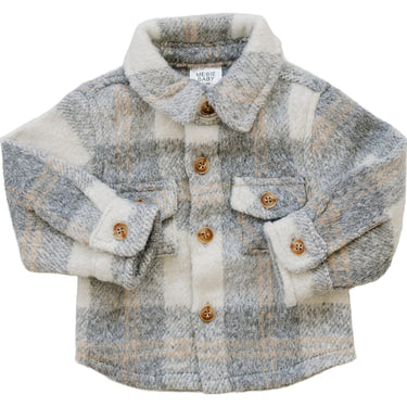 Grey plaid shacket for babies, perfect for stylish layering in cooler weather.