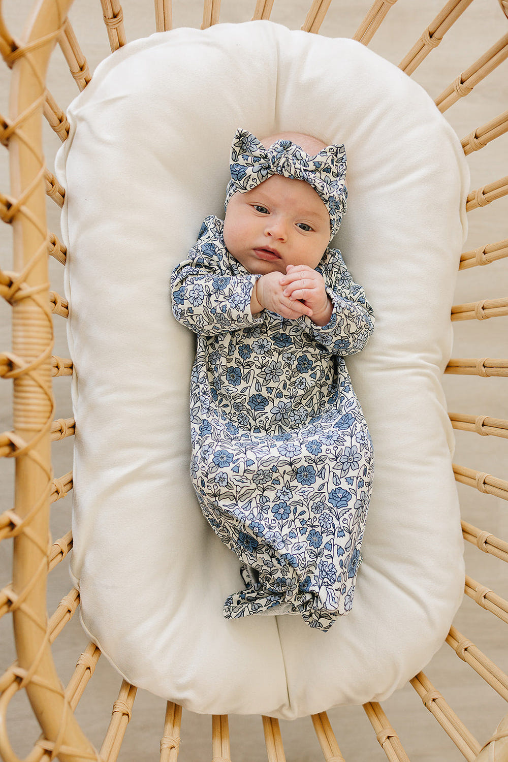 Bluebell Pointelle Bamboo Knot Gown for babies - soft, stylish sleepsuit in gentle blue. Perfect for cozy nights.