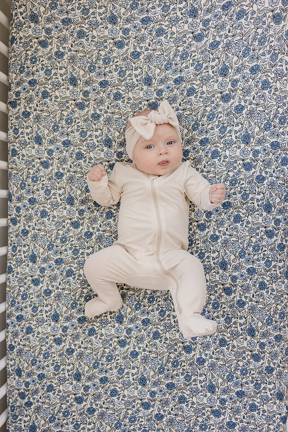 Bluebell Pointelle Bamboo Stretch Crib Sheet in soft blue, perfect for baby bedding and linens.