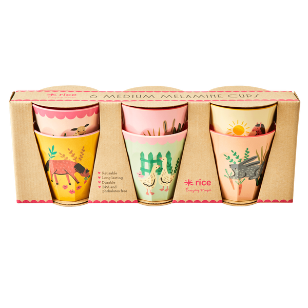 Melamine Kids Cups in Pink Farm Prints - Medium - 6 pcs. in Gift Box