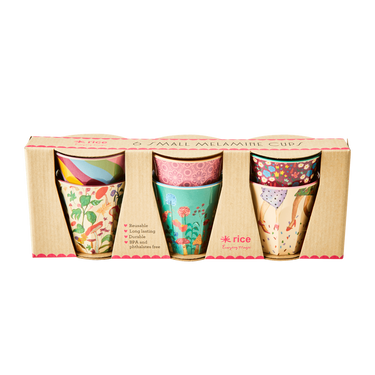 Melamine cups set 'DANCE IT OUT' prints, small size, 6 pcs in gift box, perfect for kids' drinkware.
