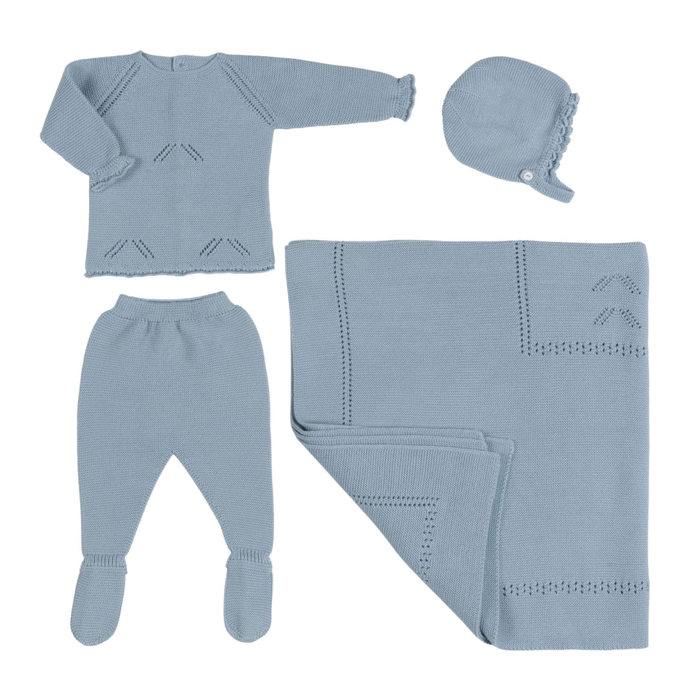 MELI baby boys blue denim layette set, stylish and comfortable outfit for infants and toddlers.