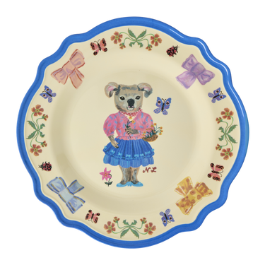 Vintage blue dinner plate featuring Nathalie Lété print, perfect for baby mealtime.
