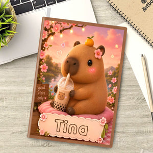 Personalized Capybara Notebook – Custom Name A5 Journal | Kawaii Boba Tea Gift for Teens