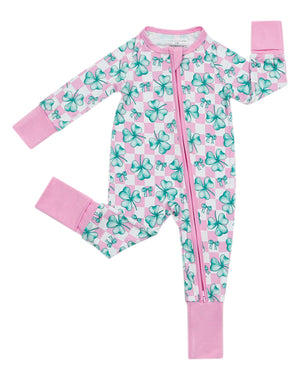 Bamboo Zip Romper in Shamrock & Bows design, angle view showcasing soft fabric and playful pattern for babies.