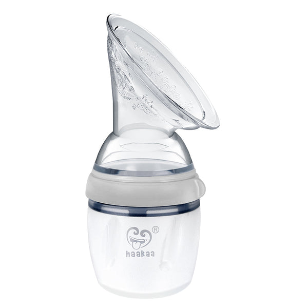 Haakaa Generation 3 Silicone Breast Pump at an angle, showcasing its design and functionality for breastfeeding mothers.