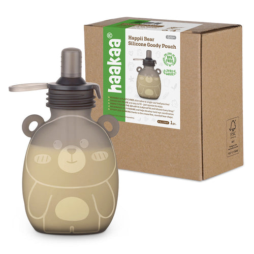 Haakaa Happii Bear Silicone Goody Pouch 6 oz for easy feeding and storage, shown at angle 10.