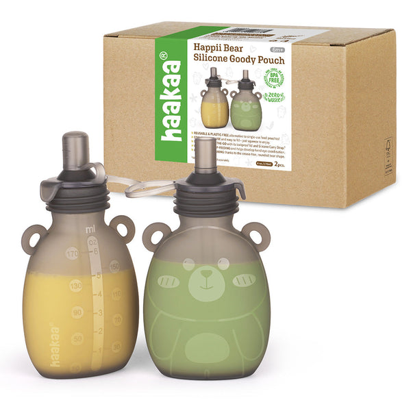 Haakaa Happii Bear Silicone Goody Pouch 6 oz in angle 11, perfect for baby feeding and on-the-go convenience.