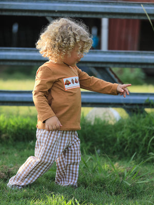 Fall Boys Thanksgiving Smocking Embroidered Brown Plaid Outfit Set