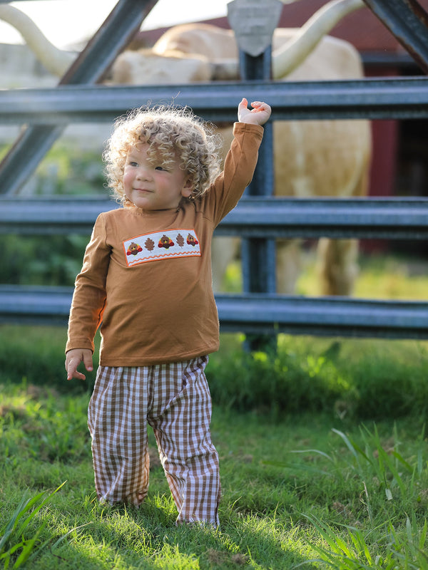 Fall Boys Thanksgiving Smocking Embroidered Brown Plaid Outfit Set