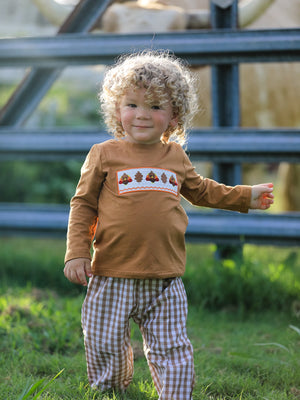 Fall Boys Thanksgiving Smocking Embroidered Brown Plaid Outfit Set