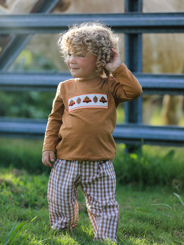 Fall Boys Thanksgiving Smocking Embroidered Brown Plaid Outfit Set