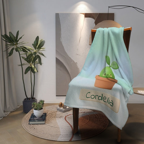 Personalized Kawaii Plant Blanket | Custom Name | Cute Succulent Pot Mint Blue Fleece Throw Gift