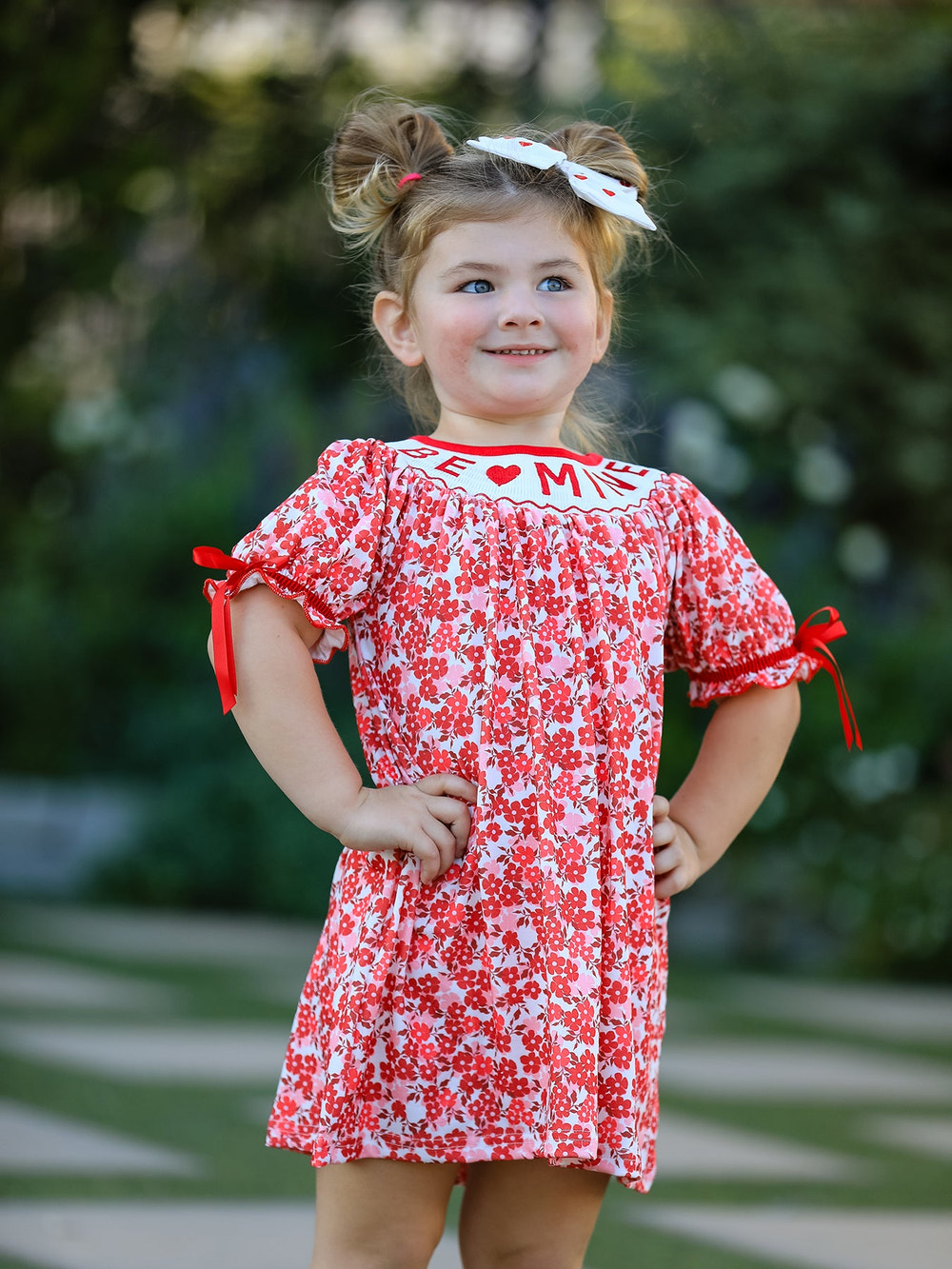 Valentine's Day "BE ❤ MINE" embroidered floral dress for girls, perfect for special occasions.