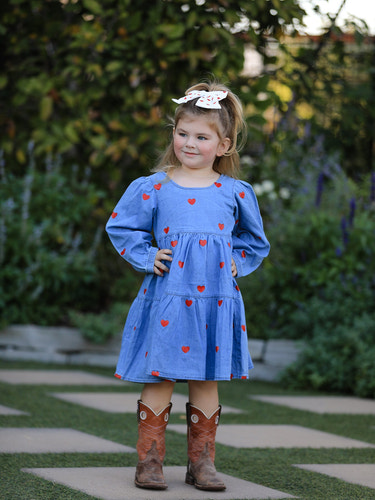 Denim heart dress for girls, long sleeve Valentine outfit, perfect for special occasions and everyday wear.