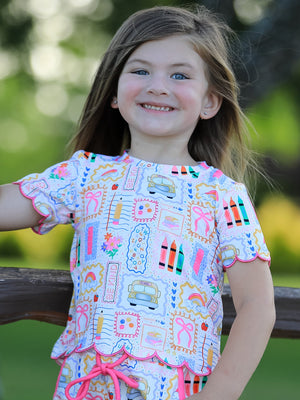 Back to School Print Girl Short Set Scallop Hem
