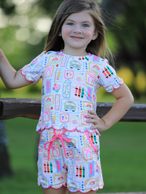 Back to School Print Girl Short Set Scallop Hem