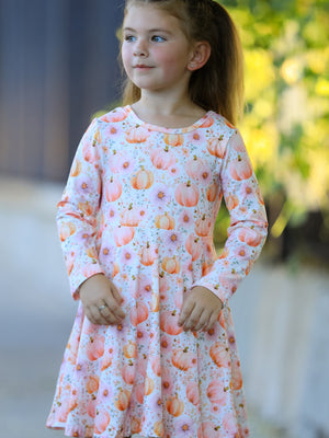 Fall Pink Pumpkin Girls Long Sleeve Twirl Dress