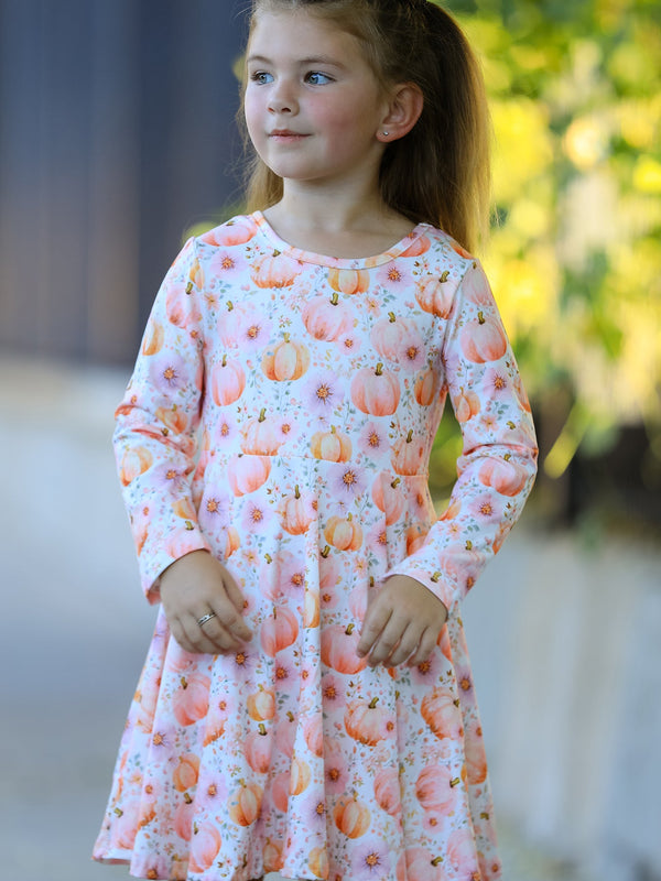 Fall Pink Pumpkin Girls Long Sleeve Twirl Dress