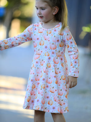 Fall Pink Pumpkin Girls Long Sleeve Twirl Dress
