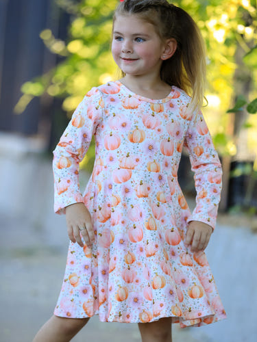 Fall Pink Pumpkin Girls Long Sleeve Twirl Dress