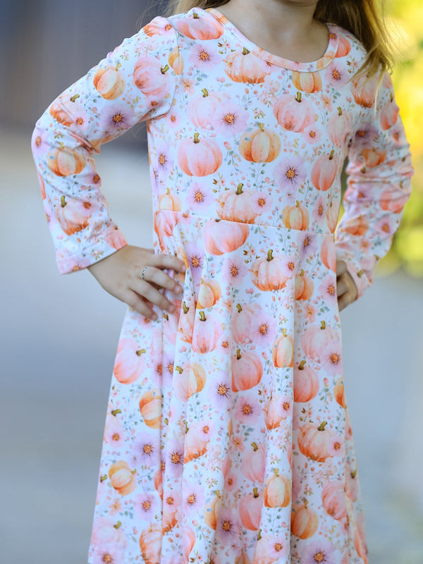 Fall Pink Pumpkin Girls Long Sleeve Twirl Dress